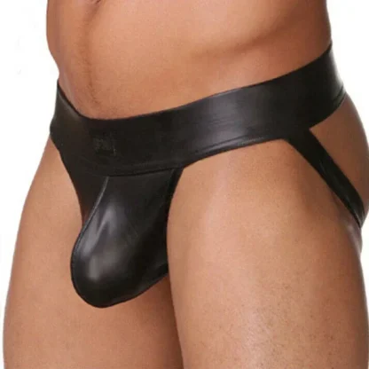 Sleek Faux Leather Black Jockstrap